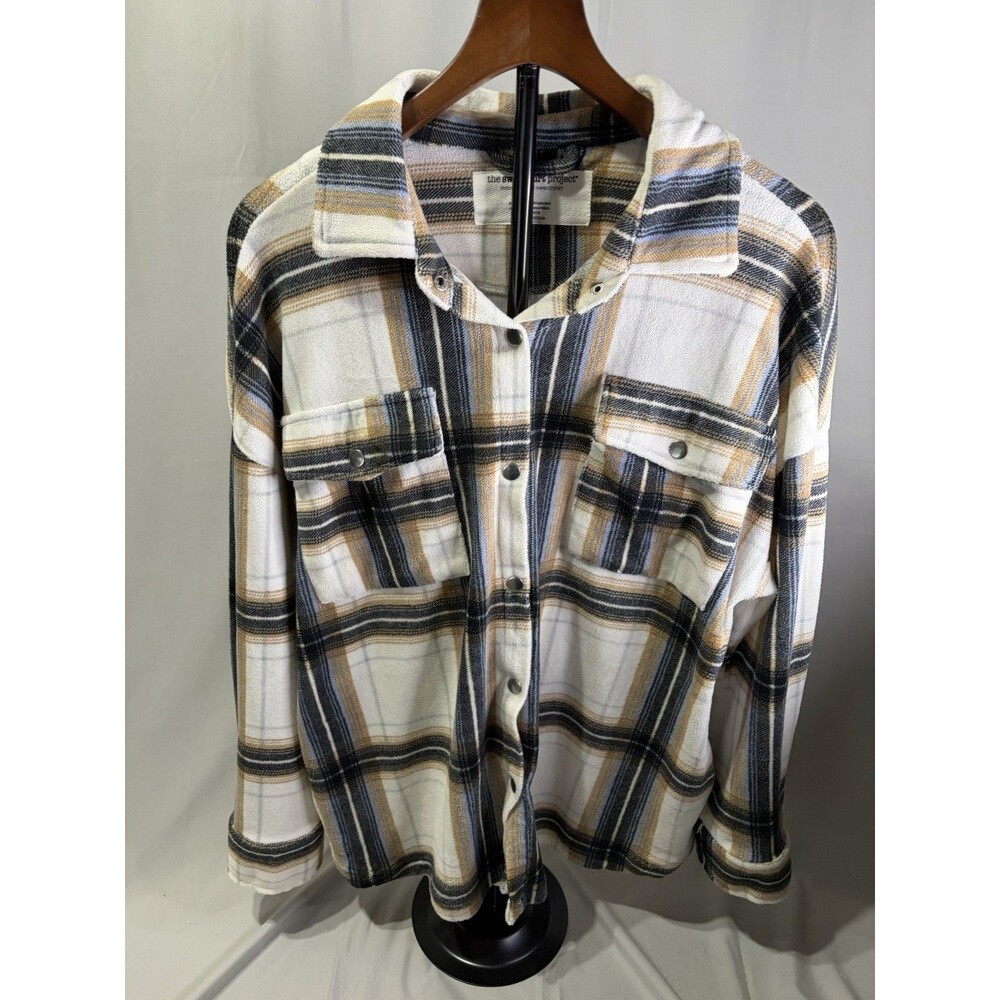 The Sweatshirt Project Tan Plaid Button Front Shacket W/Pockets! Large Very Nice